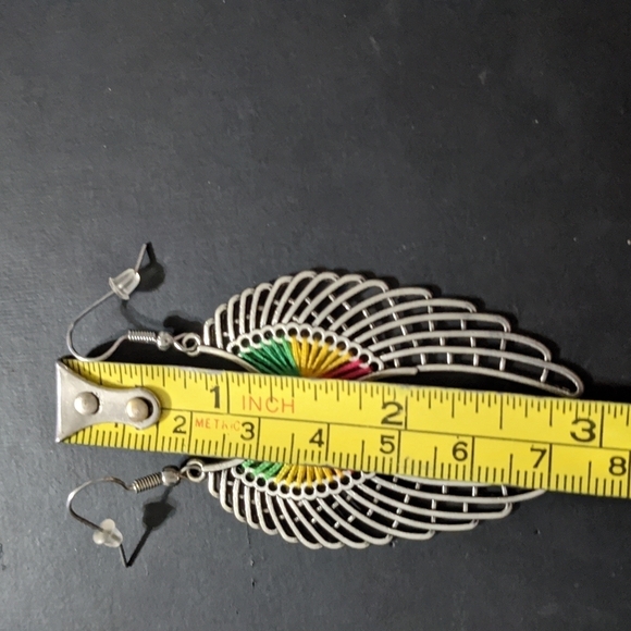 Silver Tone Feather Green Red Yellow Thread Art Dangle Drop Statement Earrings - Picture 3 of 3